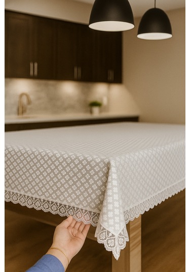 Lüks Gri Dantel Detaylı Masa Örtüsü Şık Desenli Su Geçirmez Kumaş Şık Sofra Dekoru Gri