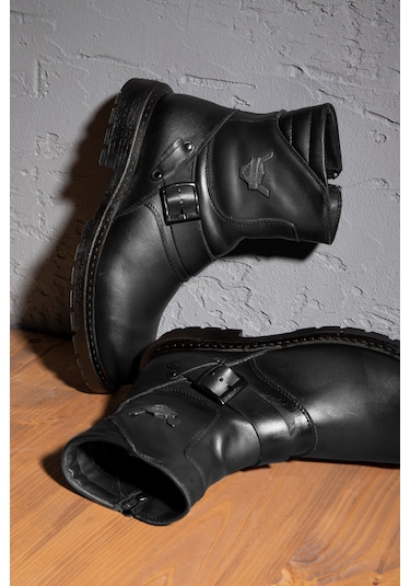 Ducavelli Rock Hakiki Deri Erkek Bağcıksız Kürklü Postal Bot, Harley Bot Siyah