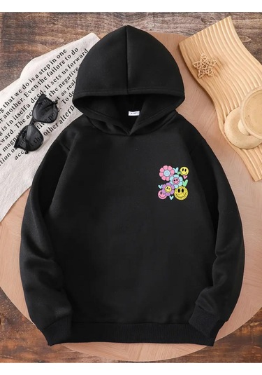 Kışlık Kapüşonlu Sweatshirt, Çocuk Yanda Çiçekler Gülücükler Baskılı SiYAH