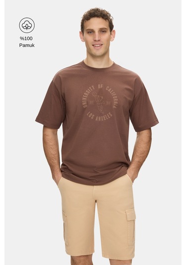 Kentucky Kahve Bisiklet Yaka Baskılı %100 Pamuk Oversize Erkek Tshirt Kahverengi