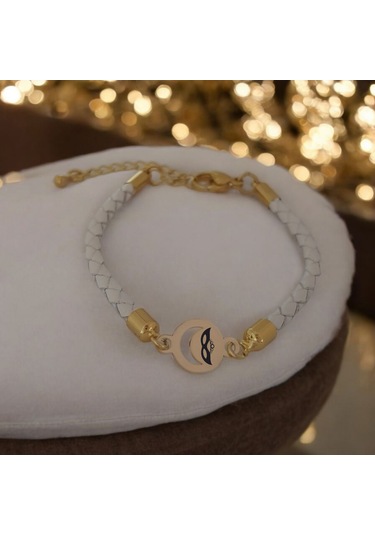 Archin Balmaske Temalı Ay Motifli 14 Ayar Altın Plakalı Doğal Beyaz Derili Hediye Bileklik-477sembol Bal Maske