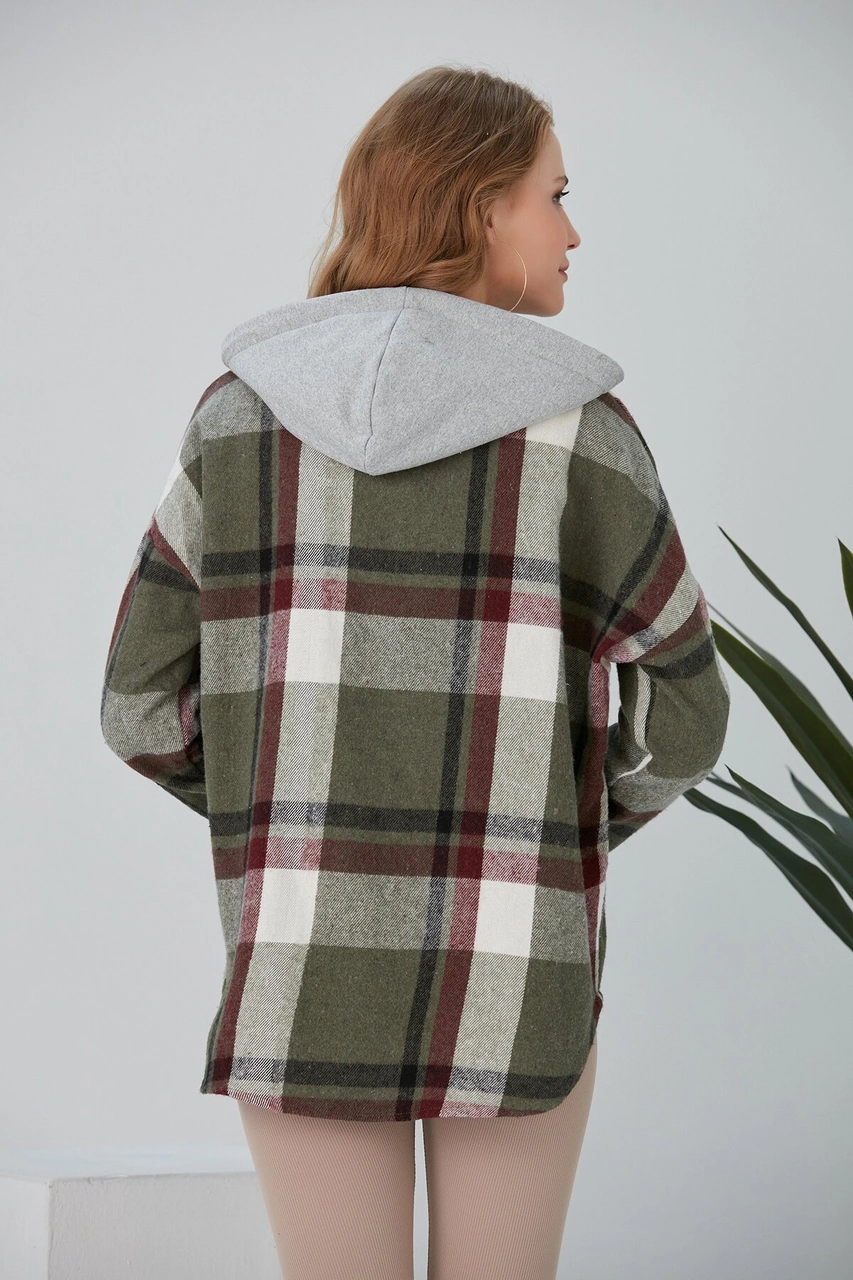Pikka Online Kadın Çok Renkli Haki Oduncu Oversize Kapüşonlu Ceket Gömlek Haki