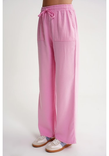 4629 Kadın Bol Paça Yüksek Bel Viskon Palazzo Pantolon Pembe Pembe