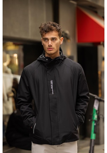 Yeast İçi Astarlı Suya Dayanıklı Kapşonlu Fermuarlı Yağmurluk - Siyah Siyah