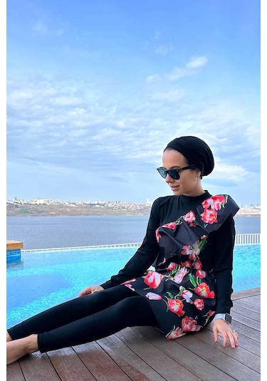 Kahijab Tulip Fırfır Detay Tesettür Mayo - Siyah - S Siyah