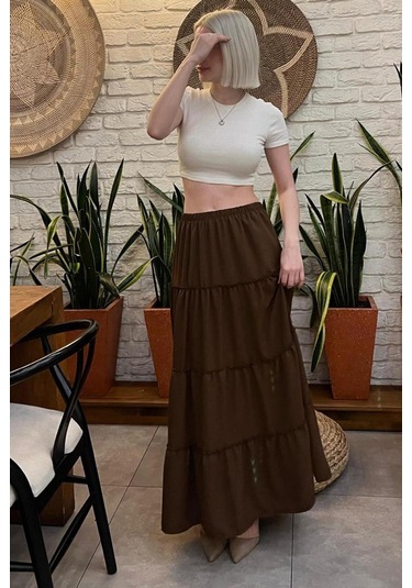 Madmext Acı Kahve Basic Pileli Kadın Uzun Etek Acı Kahverengi