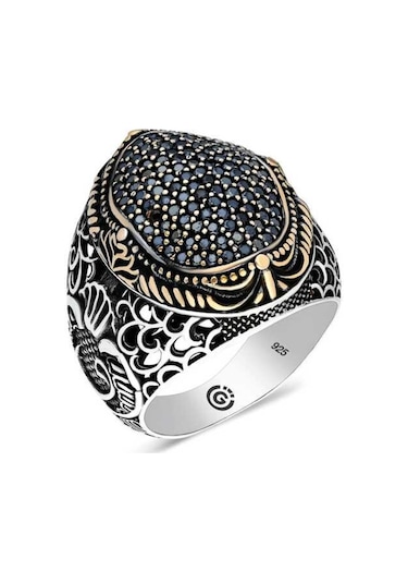 Gümüş Siyah Zirkon Taşlı Oval Erkek Yüzük (546038467)