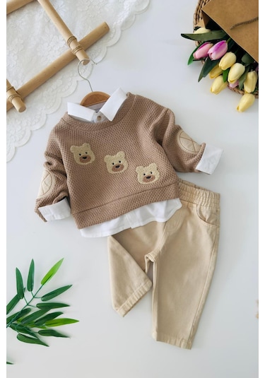 Miniğimin Cicileri Ayıcık Nakışlı Örgü Sweatshirt Ve Pantolon... Vizon