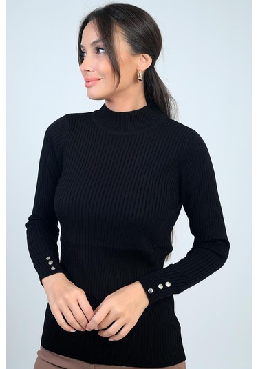 By Saygı Kadın Balıkçı Yaka Basic Fitilli Kolları Düğme Detaylı Kazak-41709 Siyah