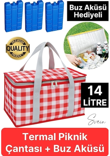 Premium Soğuk Sıcak Termal Piknik Kamp Çantası Yemek Taşıma Yalıtımlı Piknik Termos + Buz Aküsü Kırmızı