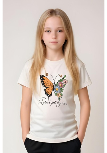 Don't Just Fly Baskılı Kız Çocuk Tişört Ve Eşofman Alt-üst Takım KREM