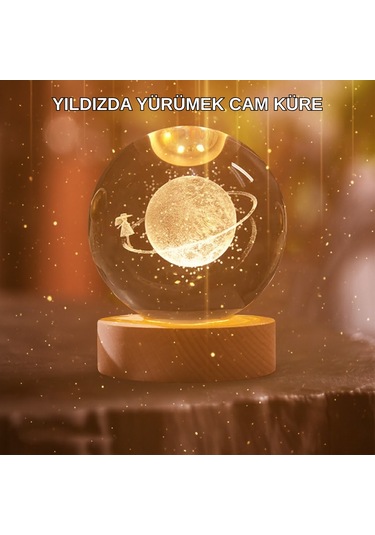 Kız Figürlü Sarı Cam Küre Işıklı Büyük Boy Ahşap Standlı Dekor