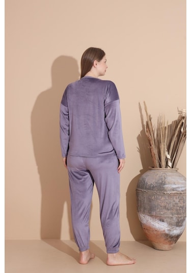 Boyraz Kadın Kışlık Fransız Kadife Büyük Beden Bisiklet Yaka Uzun Kol Pijama Takımı 03139 - 1 Adet Açık Mor