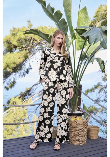 Monamise Kadın Desenli Önü Düğmeli Uzun Kollu Gömlek Yaka Alt Üst Takım 25060 Siyah