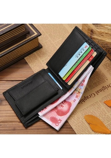 Createtech Hakiki Deri Erkek Cüzdan, Premium Siyah Inek Derisi, Kısa Adam Model Siyah