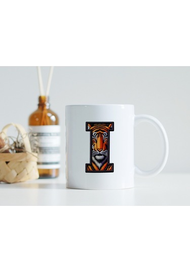 I Harfi Kaplan Figürlü Nakış Desenli Kupa Bardak - Kişiye Özel Vahşi Hayvan Desenli Kupa - Hediye Beyaz