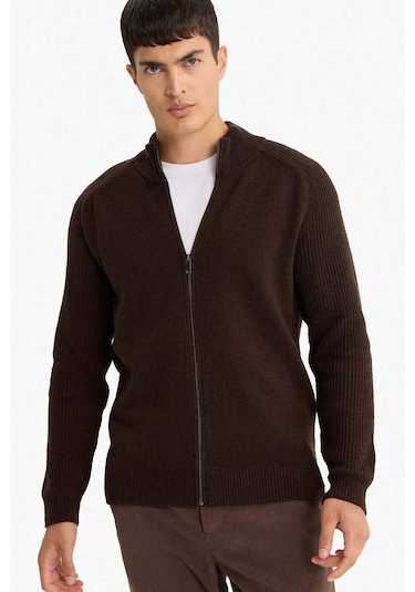 Defacto Standart Fit Dik Yaka Fermuarlı Yün Karışımlı Triko Hırka F2983ax25wnbn497 Kahve