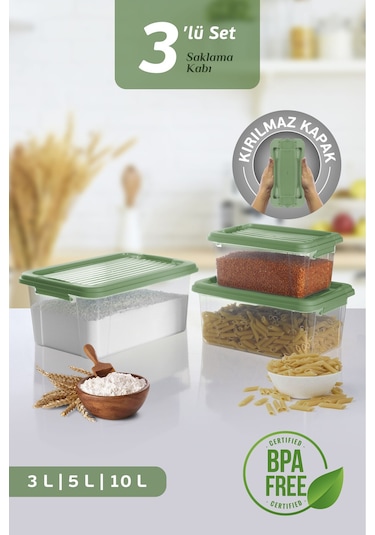 3'lü Kilit Kapak 3-5-10 Lt Erzak Saklama Kabı Çok Amaçlı Düzenleyici Kutu Deterjan Un Bakliyat Kabı Yeşil