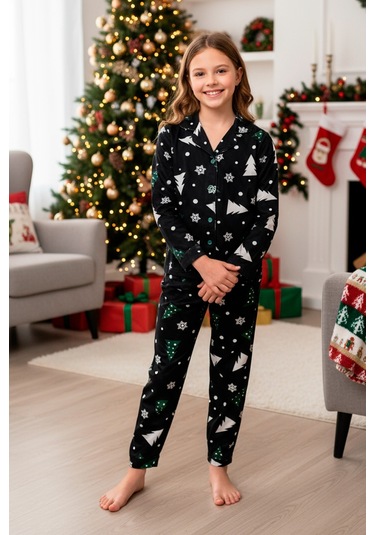 Kız Çocuk Pijama Takımı-%100 Pamuk Süet -12449 Siyah