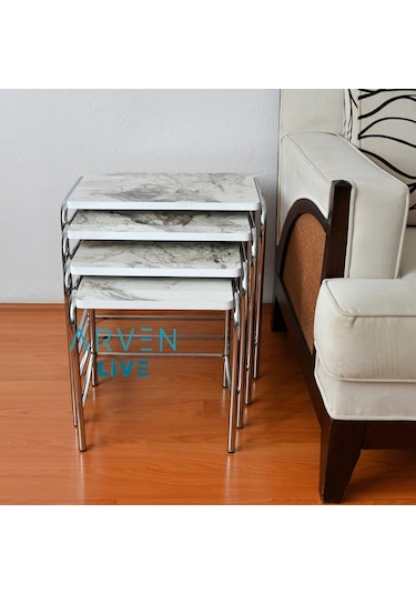 Renk Renk Mermer Desenli Parlak Mikelaj Ayaklı 4'Lü Zigon Sehpa (467864165)