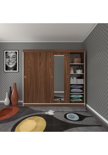 Kenzlife Gardırop Sürgülü Kapaklı Kapılı 200 Papatya Cvz Aynalı Gardolap Dolap