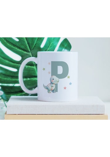 P Harfi Sevimli Dinozor Kupa Bardak - Açık Yeşil Yıldız Detaylı Dino Tasarım - Hediye Beyaz