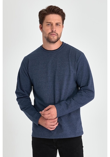 MMetalic Çift Bisiklet Yaka Standart Rahat Kesim Erkek Sweatshirt İndigo Mavi MMetalic Çift Bisiklet Yaka Standart Rahat Kesim Erkek Sweatshirt İndigo Mavi