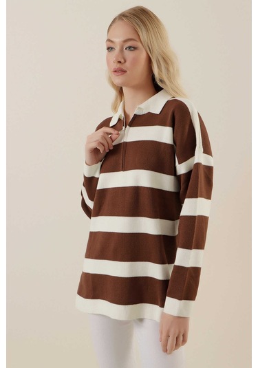 Gabria Fermuarlı Çizgili Kazak Kahverengi