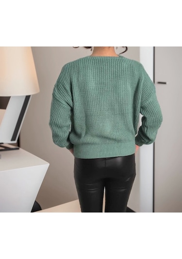Saklımoda Kadın Uzun Kollu Düğme Detay Triko Bluz Yeşil
