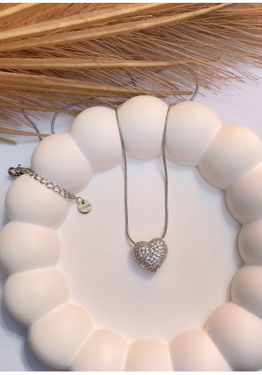 Gümüş / Silver Renk Zirkon Taşlı Kalp Figürlü 316l Çelik Kolye