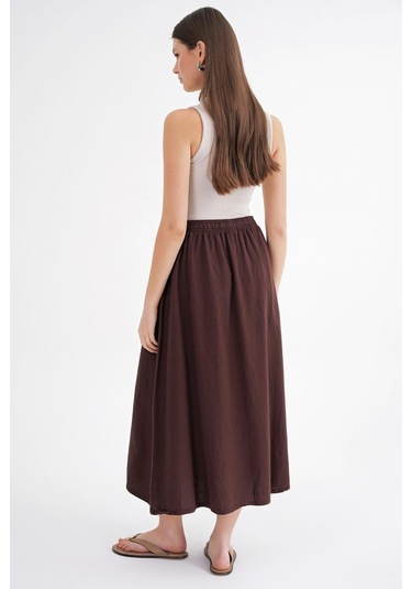 4633 Kadın Yandan Cepli Parçalı Etek Kahve Kahve