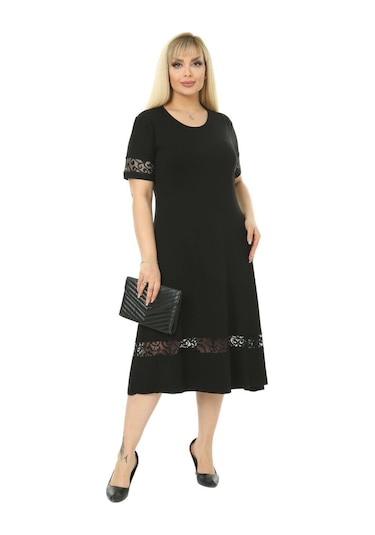 Melsay Butik Dantel Detaylı Kadın Büyük Beden Midi Elbise Siyah