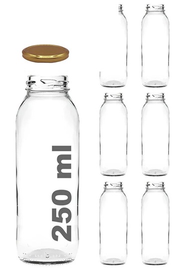 6 Adet 250 Ml Beslenme Şeffaf Meyve Suyu, Meşrubat, Limonata Şişesi Metal Kapaklı 250 Cc Şişe Gold