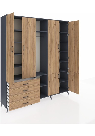 Hyperion Dolap 14 Raflı 4 Çekmeceli Tek Askılı 220x44x243 Antrasit-çam/çam Atlas Çam/atlas Çam