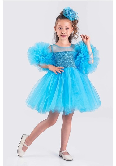 Kız Çocuk Abiye Elbise Ponpon Kol Pul Payetli Tütülü Mavi