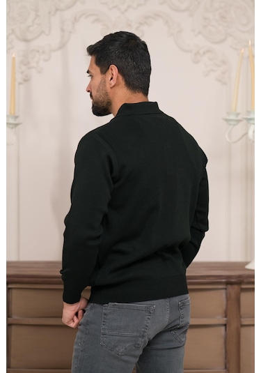 Woolen World Polo Yaka Düz Renk Yünlü Erkek Triko Kazak Siyah