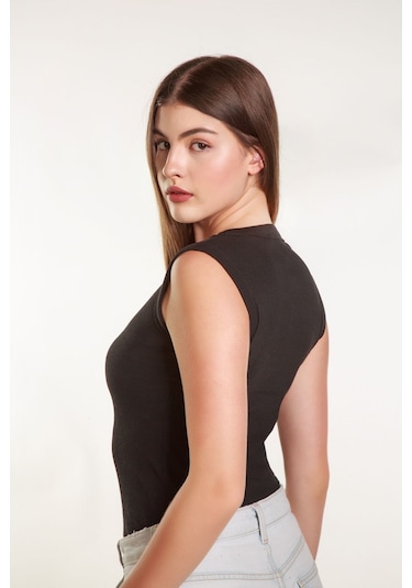 Kadın Siyah Fitilli Likralı Sıfır Kol Bisiklet Yaka Örme Atlet Tshirt Bluz Siyah