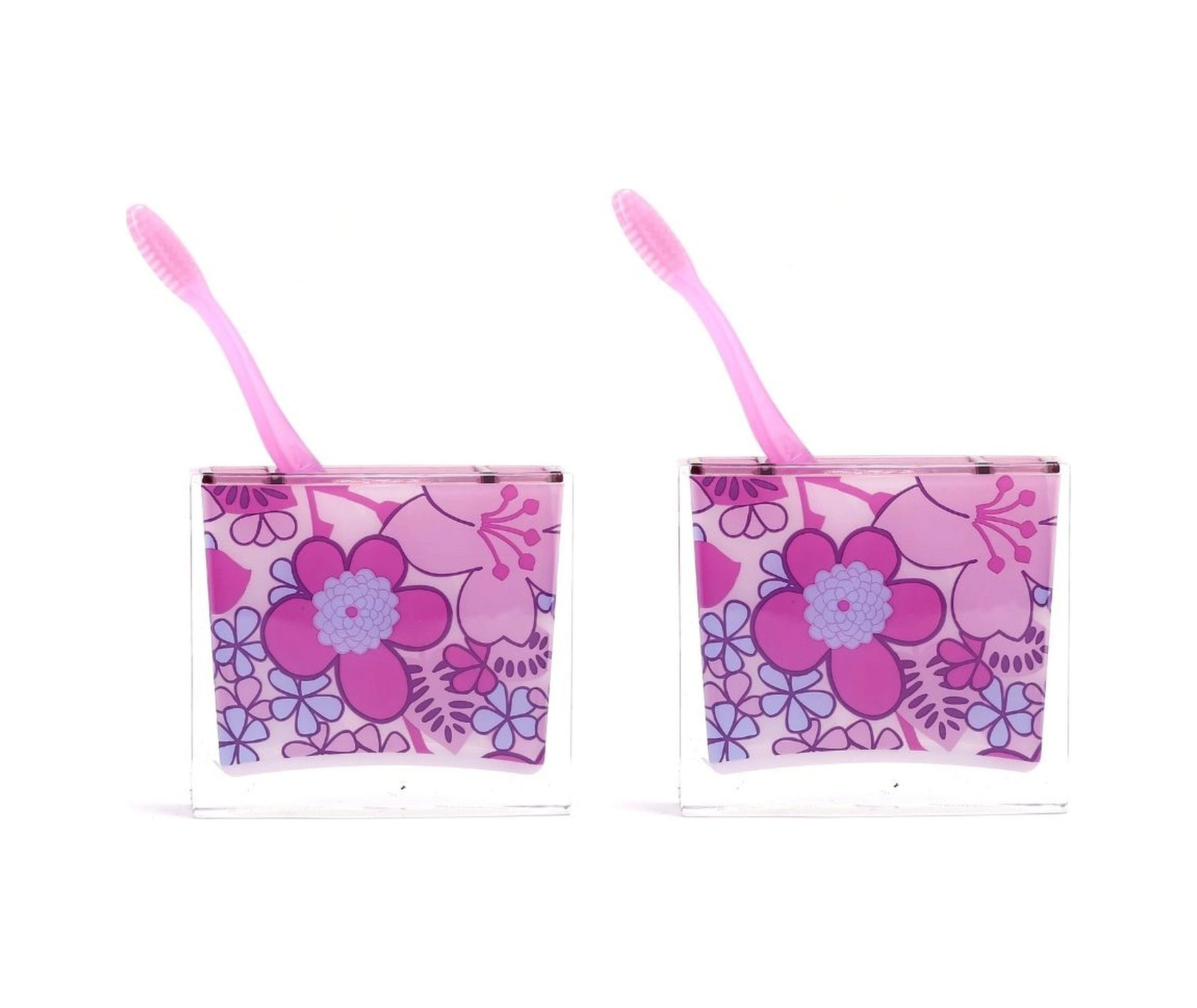 2 Adet Diş Fırçalık Pembe Çiçekli Akrilik 10x10x3cm Banyo Seti Çok Renkli