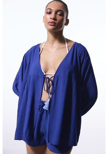 Penti Lacivert Freya Crinckle Kısa Kol V Yaka Midi Kimono