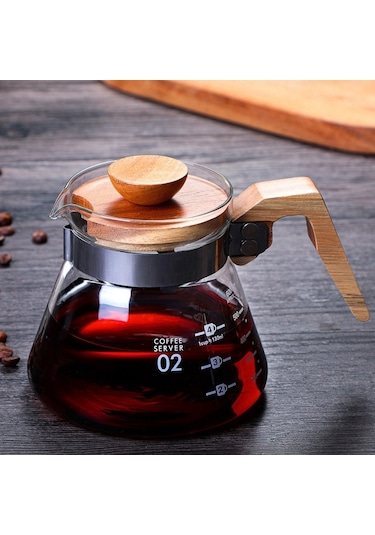 Isıya Dayanıklı Cezve, Cam Cezve, V60 Kahve Su Isıtıcısı, Ahşap Saplı Brewer Barista Süzgeç, 400ml