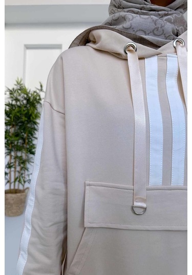 Kanguru Cep Şerit Detay İki İplik Takım - Bej