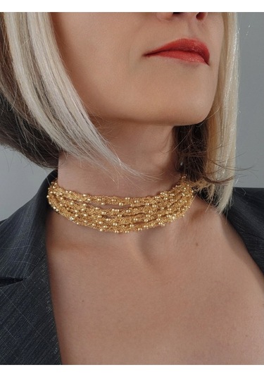 Top Zincir Modüler Örme Çelik Zincir Uzun Konsept Altın Kaplama Gold Renk Kolye