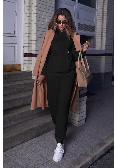 Modagen Kadın Siyah Kapüşonlu Alt Üst Eşofman Takımı Siyah