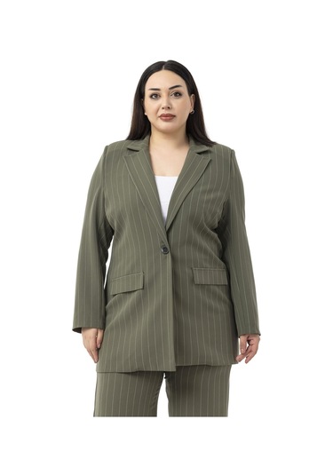 Büyük Beden Çizgili Haki Ceket Pantolon İkili Takım Haki