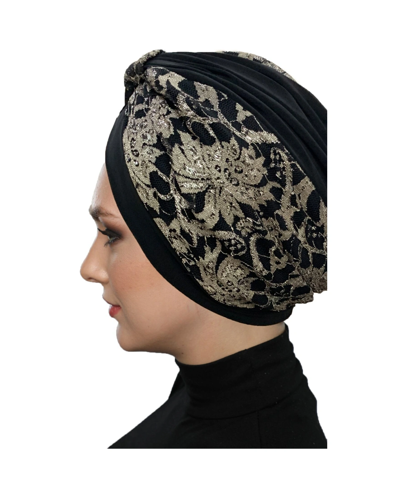 Özel Tasarım Siyah Üzeri Bej Etnik Desenli Dantel Astarlı Hazır Türban Tesettür Abiye Bone Siyah19