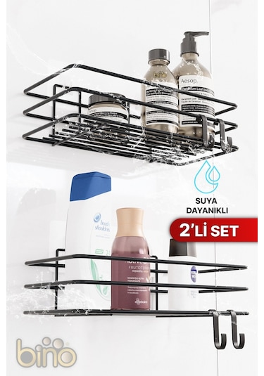 Bino 2li Set Banyo Düzenleyici Şampuanlık Mat Siyah Yapışkanlı 4 Askılı Duş Rafı Paslanmaz Organizer Siyah