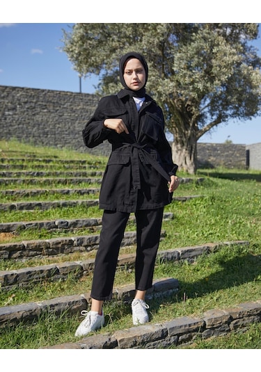 Vioshine Kadın Önü Düğmeli Kuşaklı Siyah Kot Mont - Siyah