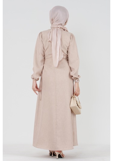 Yanı Bağcıklı Keten Elbise-bej-3366-kahverengi Kahverengi