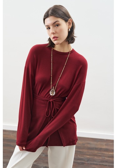 Beli Bağlama Tasarımlı Bluz Bordo Bordo