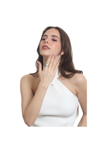 Labalaba Kadın Lak Gümüş Renk Kaplama Doğaltaşlı Ayarlanabilir El Yapımı Tasarım Yüzük Gümüş - Mavi